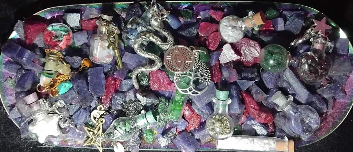 Handmade charms and bottles filled with your choice of minerals and crystals, magical trinkets